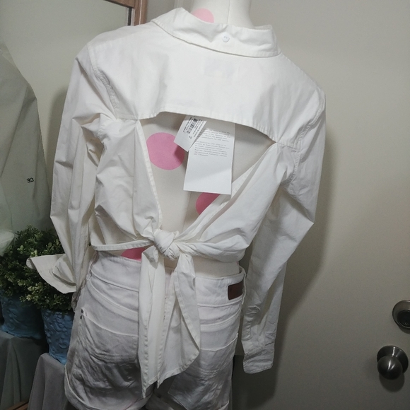 $209 Current/Elliot | white cotton open back bow dress shirt button down 3 - Picture 2 of 11
